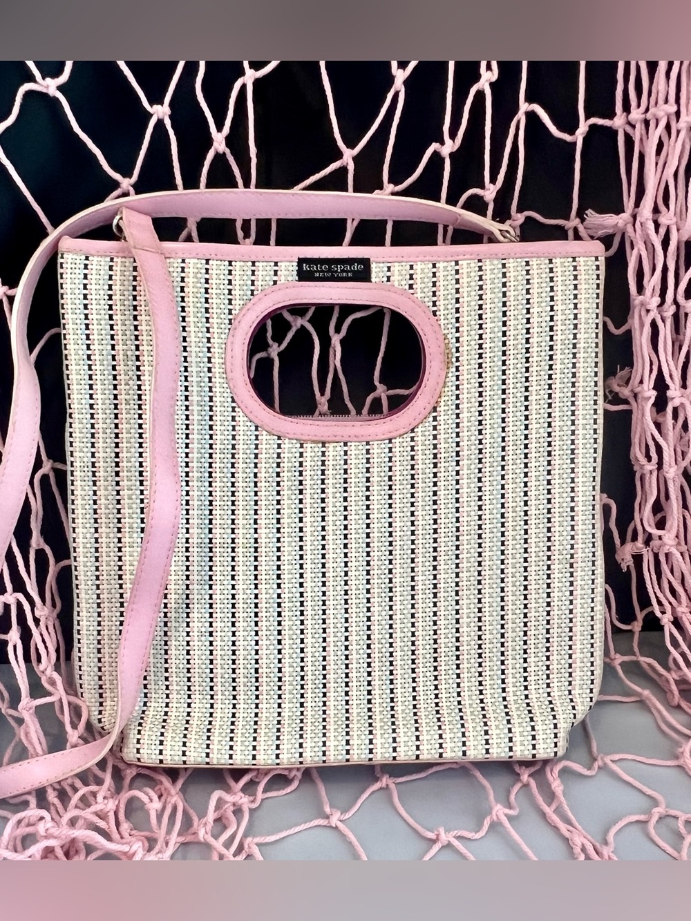 Kate Spade New York Jenna Straw Tote with Detachable Strap colorful pink tweed